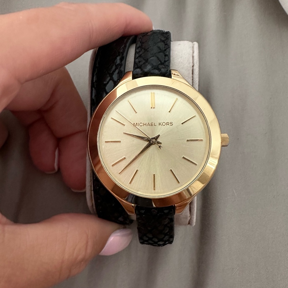 Michael Kors Women’s Black Leather Slim Runway Gold Tone Double Wrap Watch